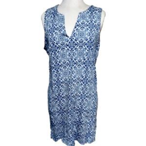 LANDS END Floral Geometric Sleeveless Casual Summer Dress Blue White Medium